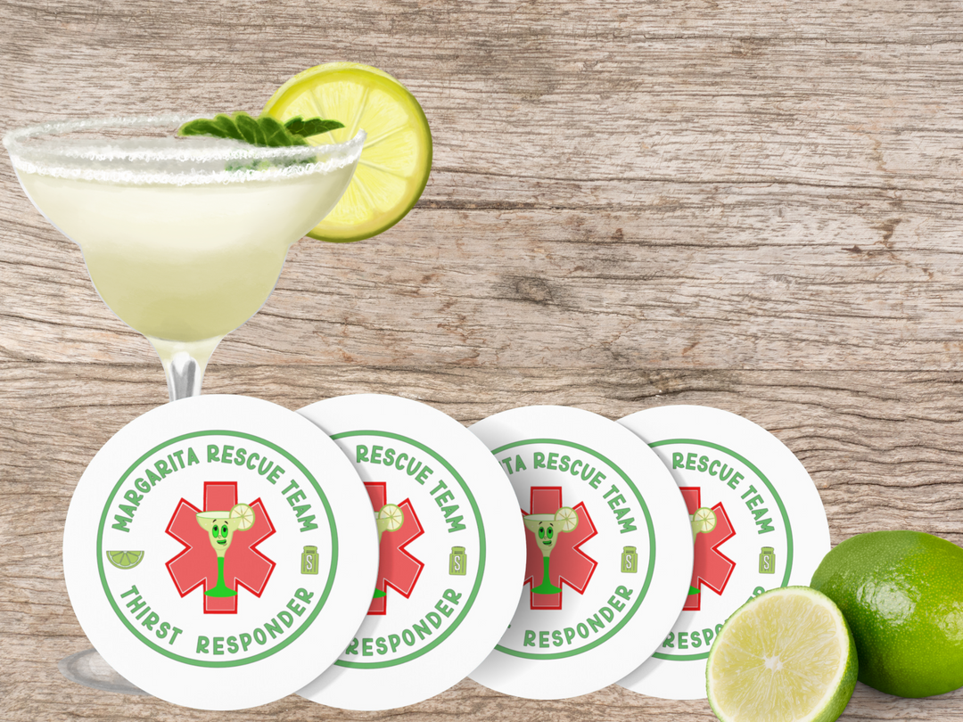 4 coasters with "Margarita Rescue Team - Thirst Responder" message